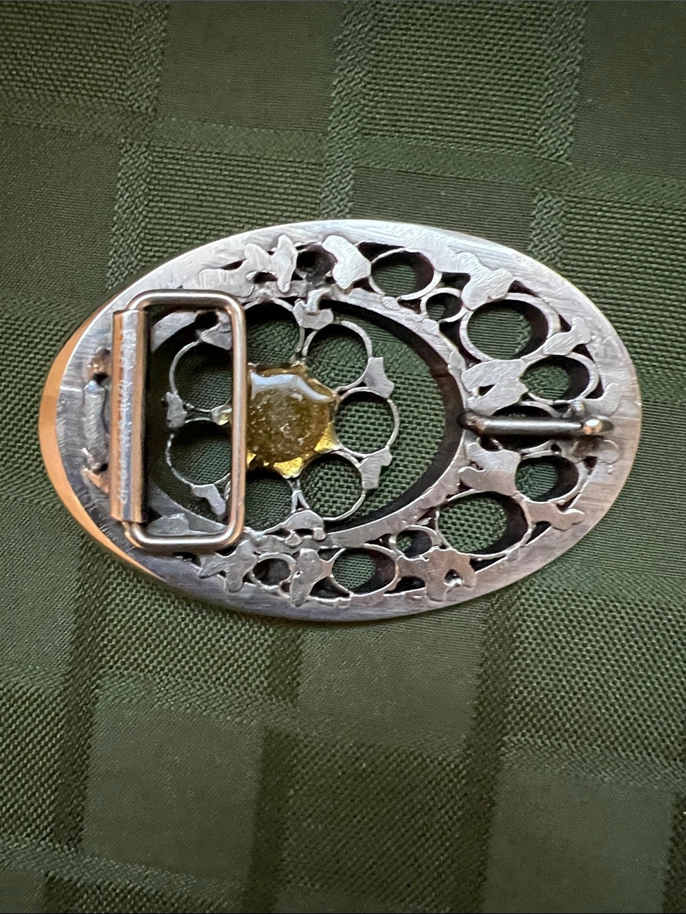 Silver Tone Oval Belt Buckle with Cutout Circles and Central Green stone - Picture 6 of 8